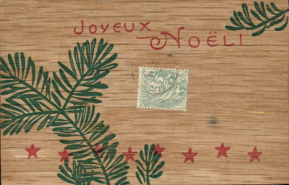 Weihnachtskarte — Holzdekor — 5 Cent-Stempel - Vorderseite