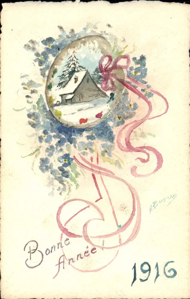 Gutes Neues Jahr 1916 — Illustration einer schneeverdeckten Haus — A.P. LIGNAND - Vorderseite