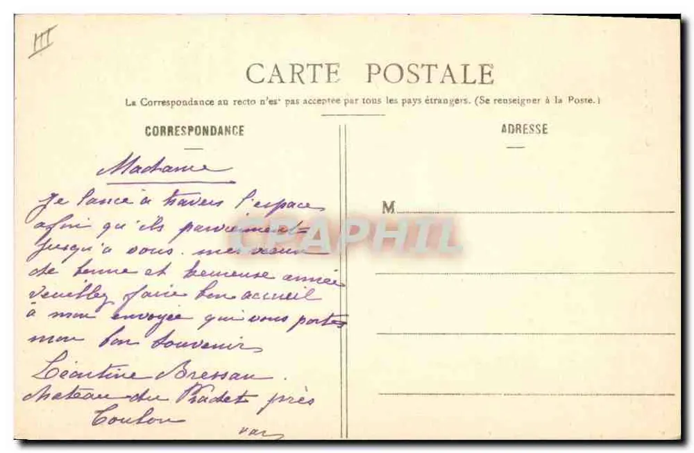 Frau, die Blasen mit den Worten Arbeit, Glück, Wohlstand, Gesundheit bläst — Frohe Neujahr 1905 — Phototypie A. Bernelet & Cie, Nancy - Rückseite