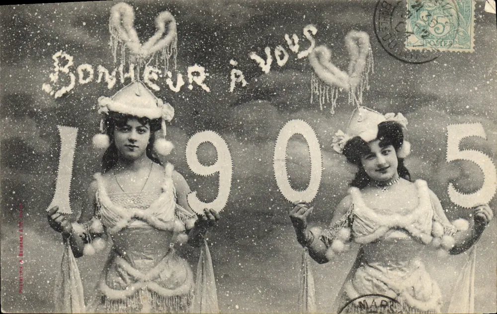 Zwei junge Frauen in Weihnachtskleidung — Bonheur à vous 1905 — Verlag: G. Béchard & Cie - Vorderseite