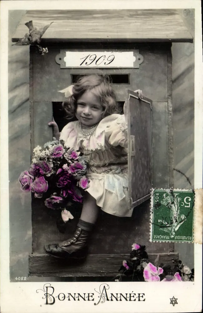 Mädchen in einer Briefkasten — Jahr 1909 — Unbekannter Verlag, Nr. 4022 - Vorderseite