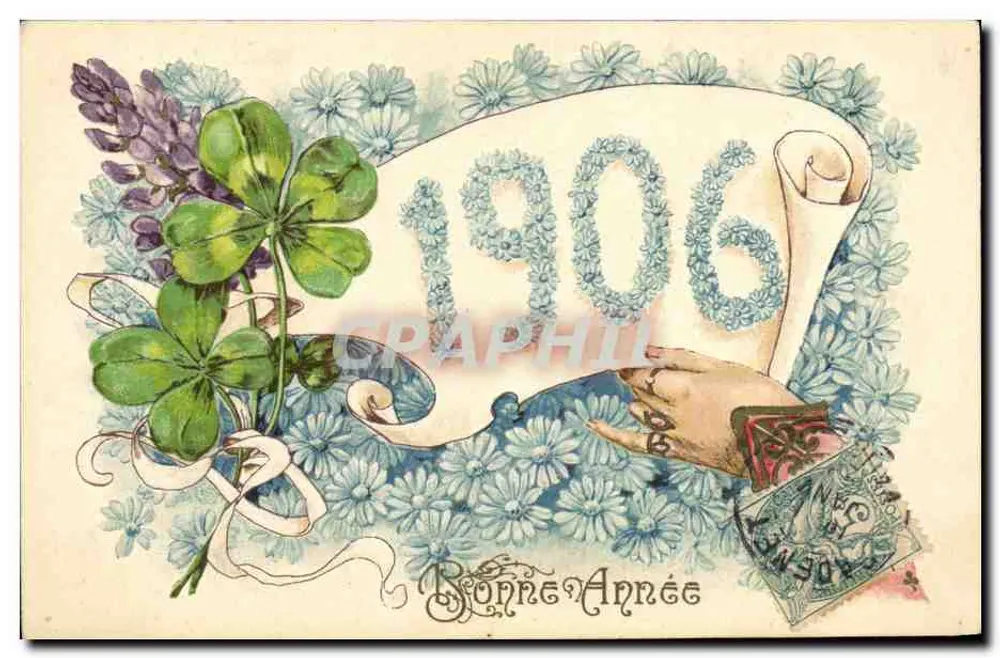 Guten Jahresbeginn 1906 — Blumen und Klee — K.F. Verlag, Paris, Serie 1355 - Vorderseite