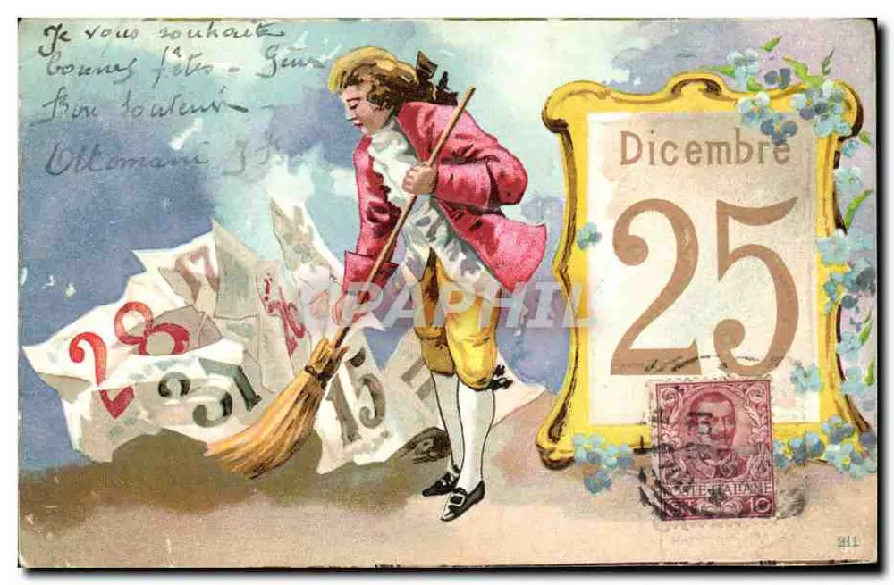 Sujeito: homem varrendo números — Dicembre 25 — editor não visível - Frente