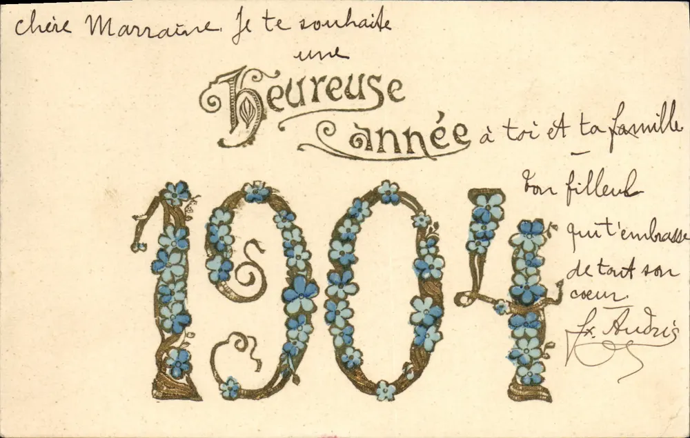 Ano 1904 — Carta de Boas Festas Decorada com Flores — Editor Não Visível - Frente