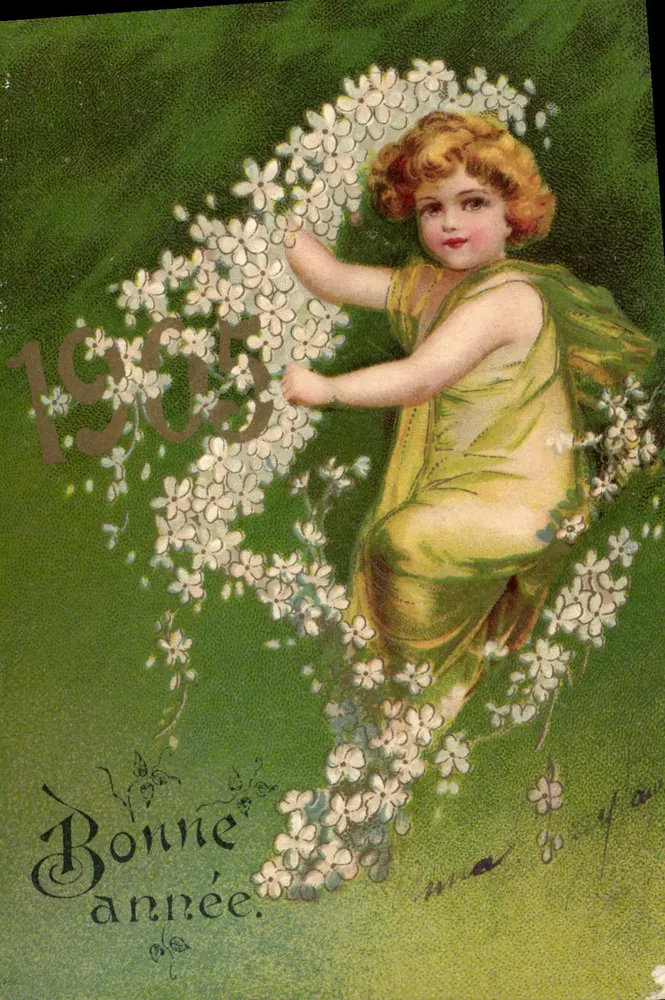 Kind unter Blumen — Frohe Neujahr 1905 — Verleger nicht sichtbar - Vorderseite
