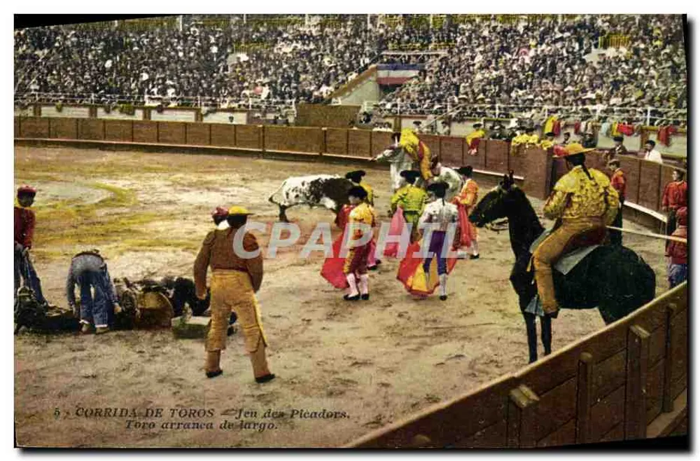 Corrida de touros — Jen dos Picadores. Toro arranca de largo. — G. Lemaître & Cie, Editor em Nice - Frente