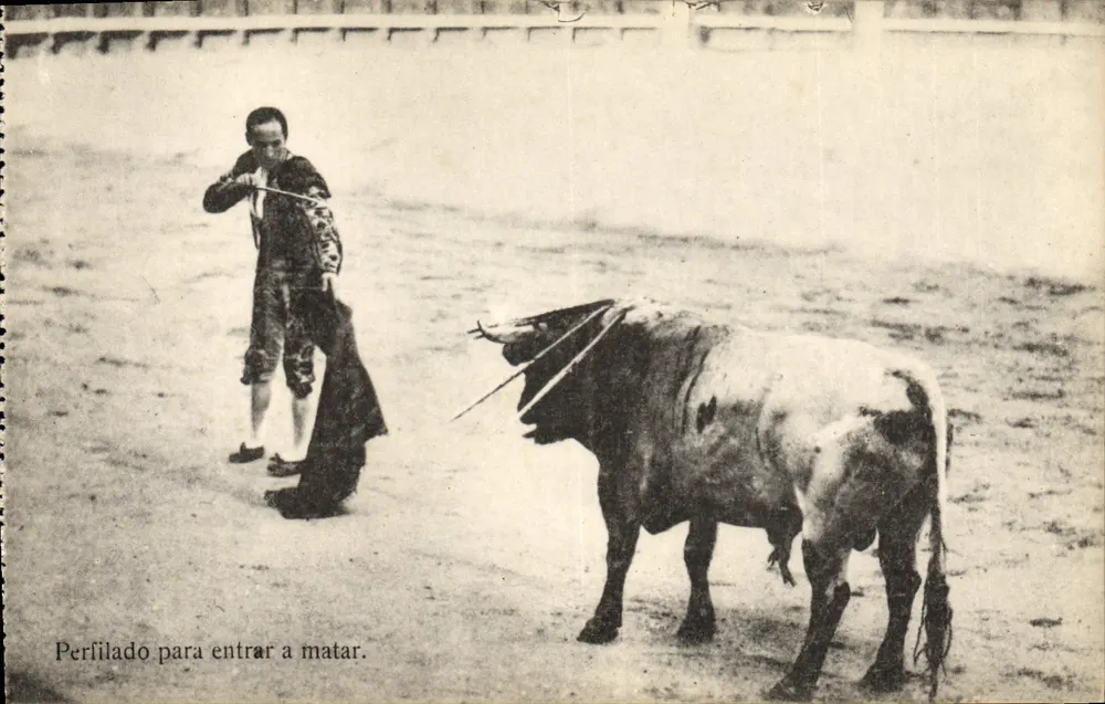 Matador und Stier in einem Arena — gedruckter Text: 'Perfilado para entrar a matar.' — Verleger A.E. (Rückseite) - Vorderseite