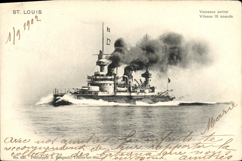 Le vaisseau amiral Saint-Louis — en mer, fumant — Phototype A. Bougault, Toulon-sur-Mer, n° 690 - Vorderseite