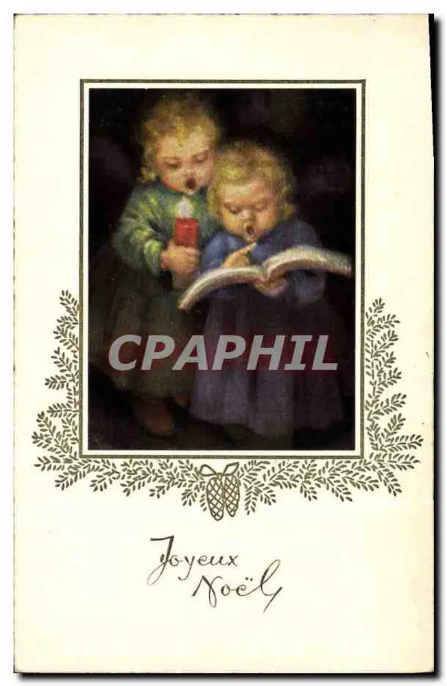 Deux enfants chantant à Noël — illustration encadrée — éditeur non visible - Frente