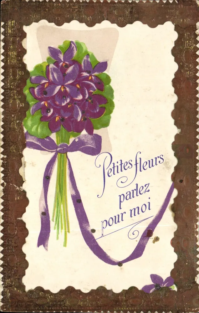 Arranjo de flores violetas — 'Pequenas flores falem por mim' — editor desconhecido - Frente