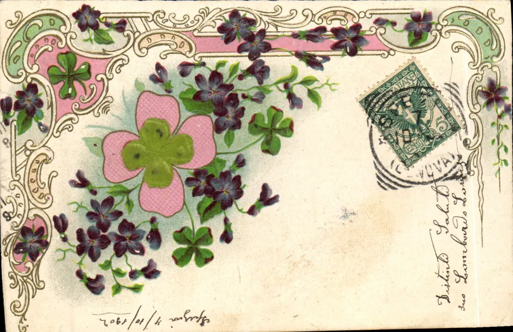 Flores e trevo — cartão postal decorativo — editor não identificado, número de série não visível - Frente