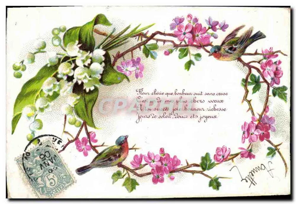 Flores e pássaros — cartão postal da série 112 — editor não visível - Frente