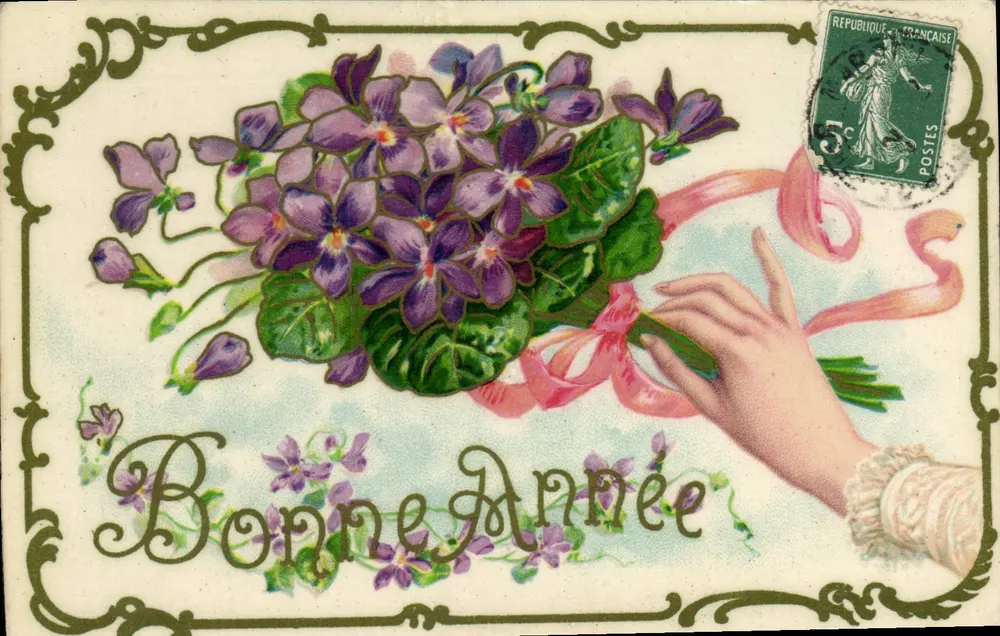 Buquê de violetas — Bom Ano — K.F. editores, Paris, série 0.3004 - Frente