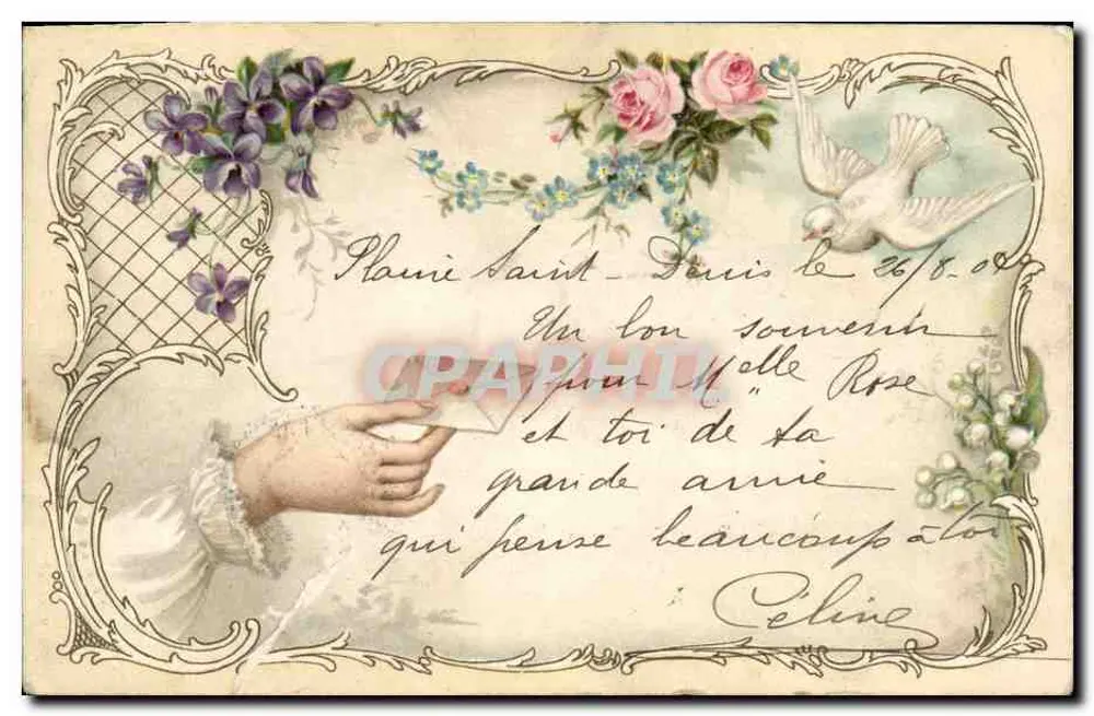 Main tendue vers une carte postale — oiseau blanc et fleurs — éditeur anonyme - Voorkant