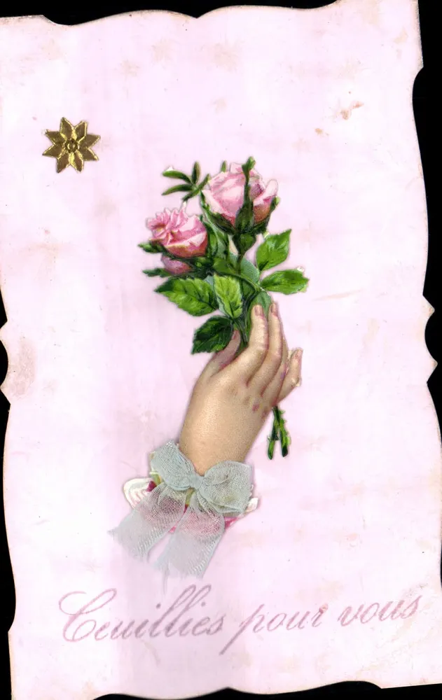 Mão segurando um buquê de rosas — 'Coevillies para você' — Carta postal - Frente