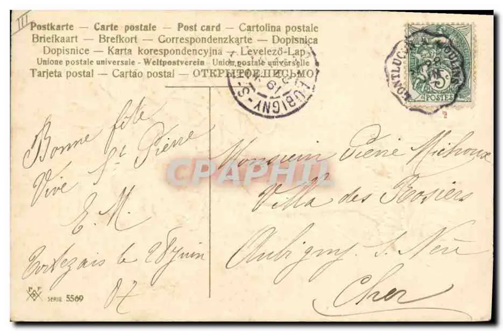 Mão segurando um buquê de íris — 'Feliz Festa' — série 5569, editor P.F. - Verso
