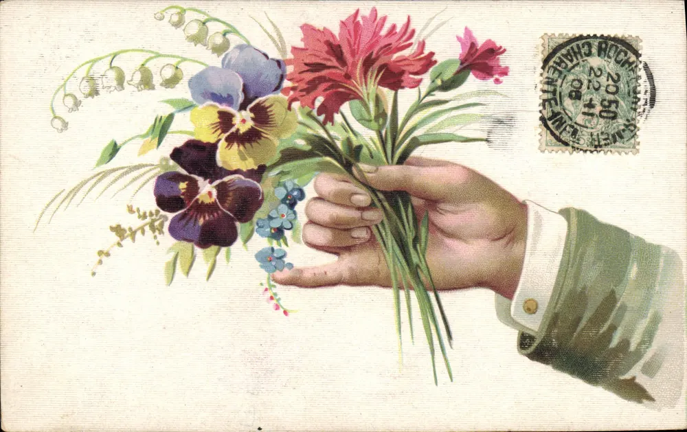 Mão oferecendo um buquê de flores — editor não visível, número de série não legível - Frente
