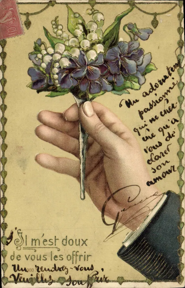 Arranjo de flores de muguet e violetas — carta postal sentimental — editor não identificado - Frente
