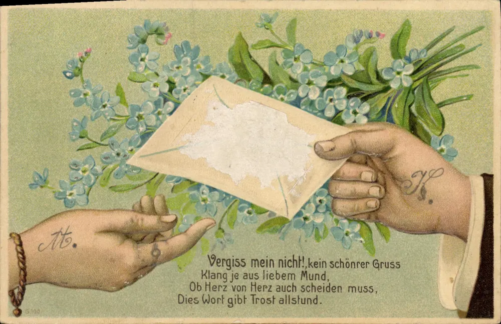 Duas mãos trocando uma carta entre flores — S.100 — editor não identificado - Frente