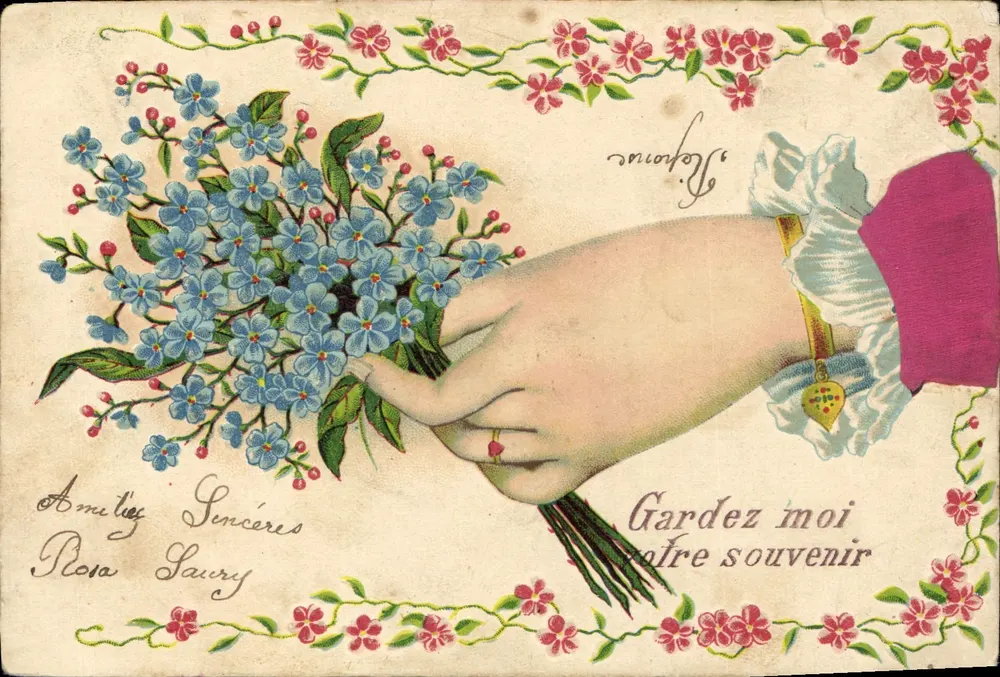 Main offrant un bouquet d'oublies — éditeur 'Postkarte — Carte postale' (verso) — n° de série non visible - Frente