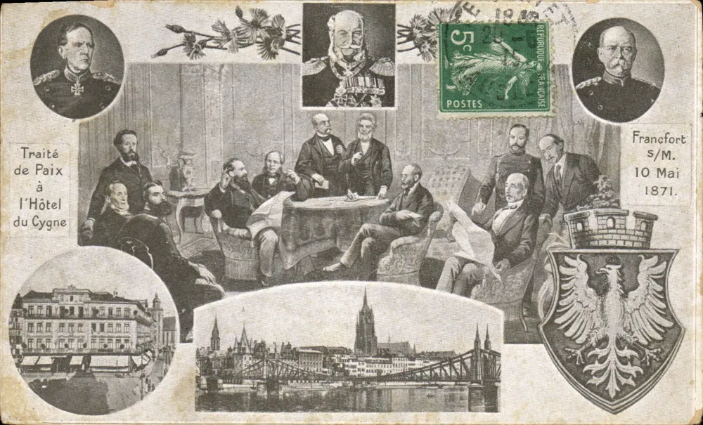 Friedensvertrag im Hotel des Schwanen — Verhandlungsszene mit Porträts und Ansichten von Frankfurt a/M. — Verlag: Imprimerie de la Reproduction, Lyon - Vorderseite