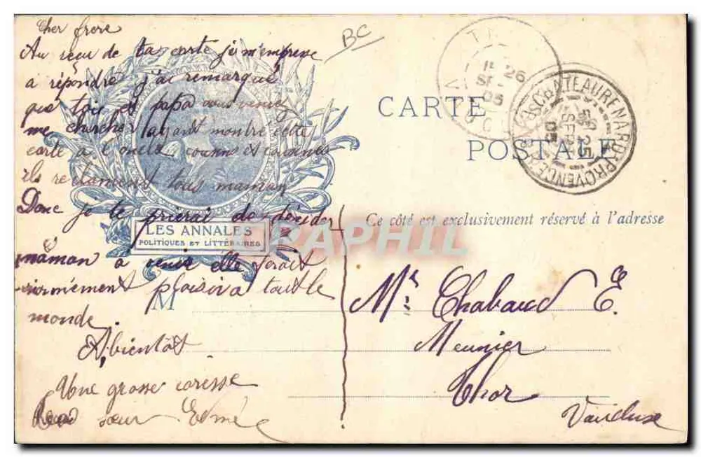 Anatole France — em seu escritório — editor Les Annales Politiques et Littéraires - Verso