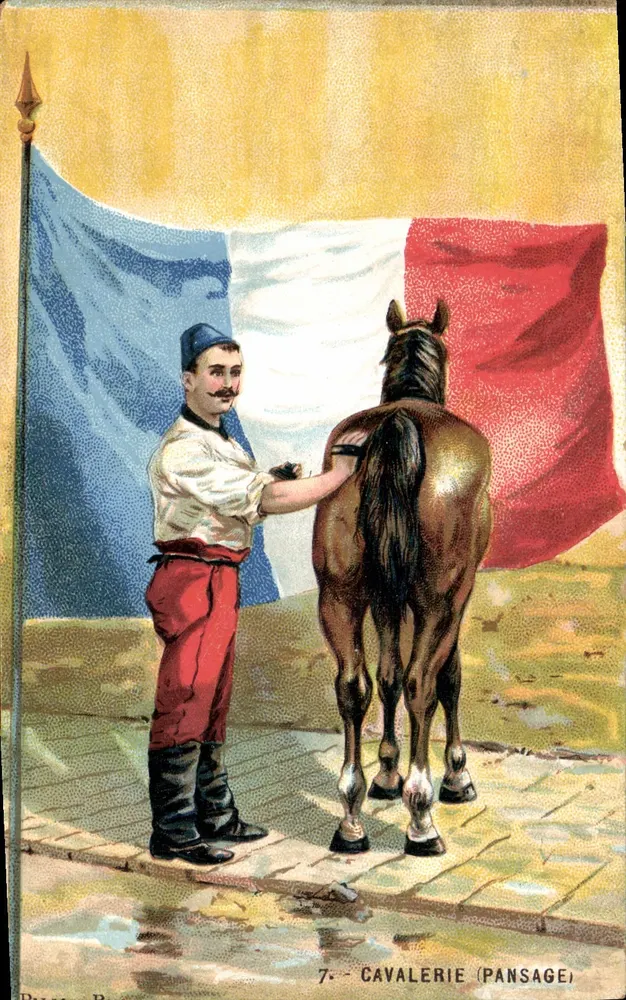 Cavaleiro francês alimentando um cavalo — 7. CAVALERIA (ALIMENTAÇÃO) — Paris, B. (editor) - Frente