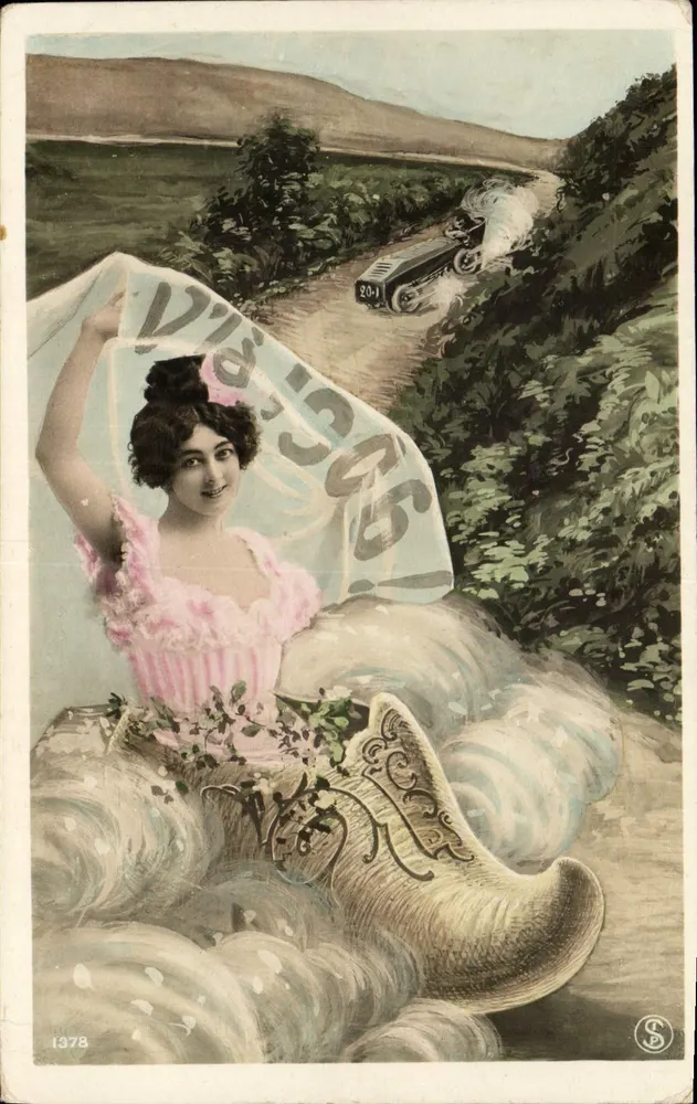 Frau in rosa Kleid — Auto auf der Straße — Verlag S.D. Nr. 1378 - Vorderseite