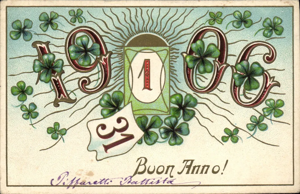 Carte de vœux 1906 — année 1906 ornée de trèfles — éditeur Piffaretti Battista, série 101 - Vorderseite