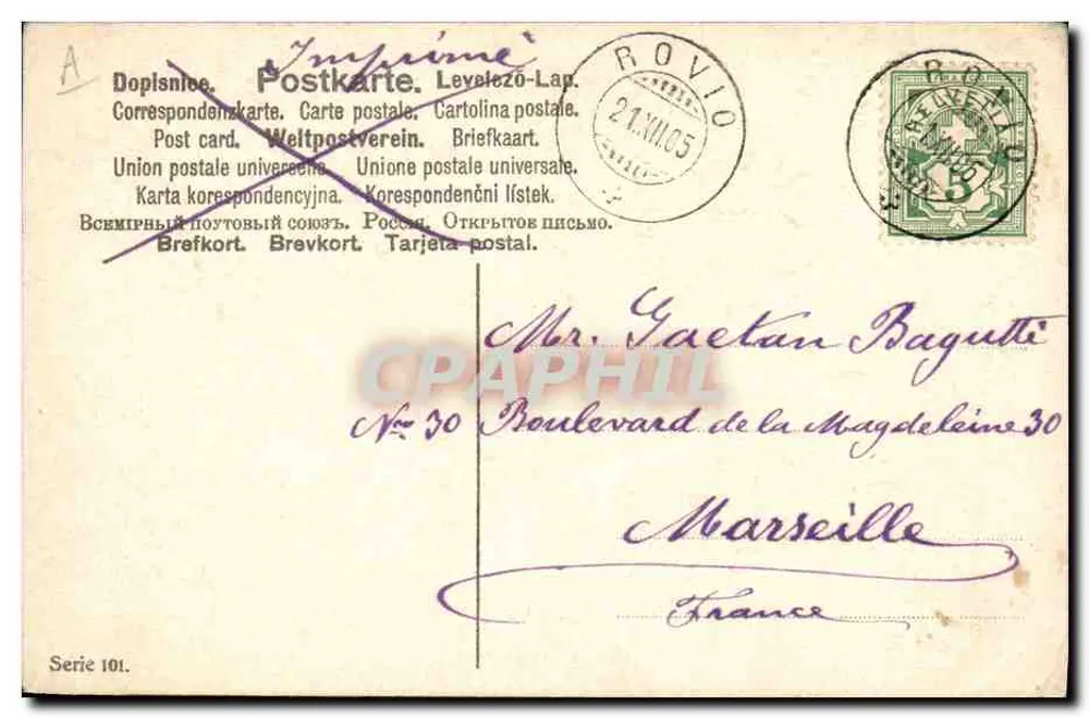 Carte de vœux 1906 — année 1906 ornée de trèfles — éditeur Piffaretti Battista, série 101 - Rückseite