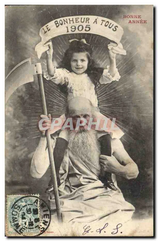 Saint Bonheur — bärtige Figur mit Sichel, mit einem Kind auf den Schultern — Verleger G. L. S. (gedruckt auf der Karte) Nr. 1905 - Vorderseite