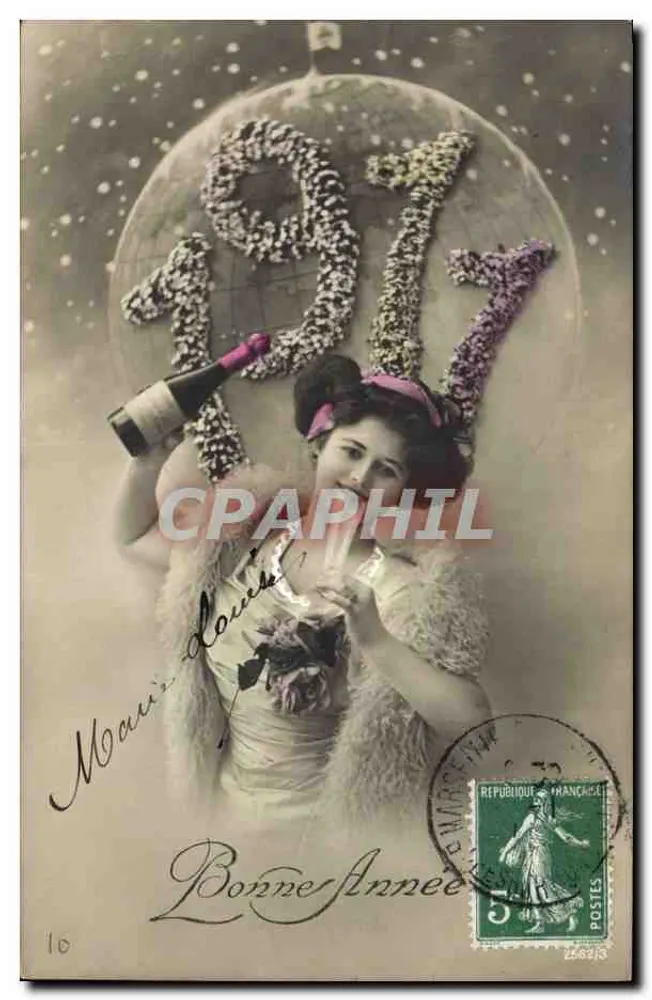 Frau mit Champagnerflasche — Jahr 1917 — unbekannter Verleger, Nr. 16 - Vorderseite