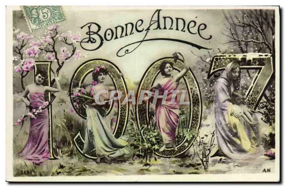 Frauen in den Zahlen 1907 — Frohe Neujahr — Verlag AN, n° 313 - Vorderseite