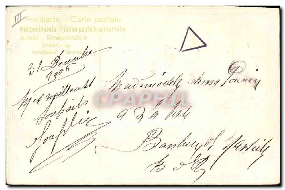 Buen año 1907 — decoración de ramas de abeto — editor no visible - Reverso