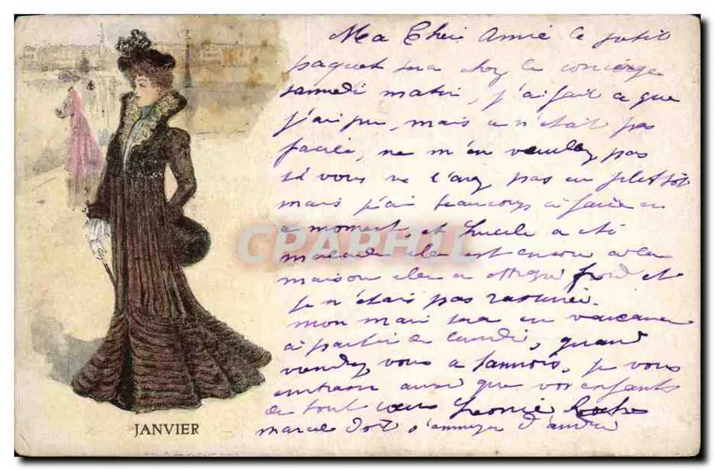 Frau in dunktem Kleid — Januar — Verleger nicht sichtbar - Vorderseite