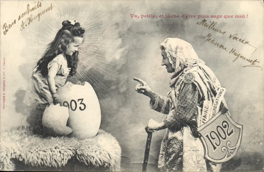 Fabelwesen des Jahres 1903 — alte Frau und Kind — Phototypie A. Breguier & Cie, Nancy - Vorderseite