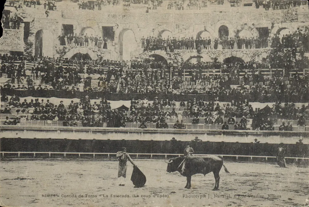 Nîmes - Stierkampf - Der Stoß (Der Schwertstoß) — Phototypie J. Navarol, 6 Rue Pradier, Nîmes - Vorderseite