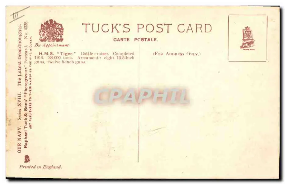 H.M.S. Tiger — Couraçado — Raphael Tuck & Sons LP, N° 4335 - Verso