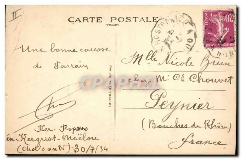 Fillette de Guémené-sur-Scorff — portrait en extérieur — éditeur Laurent-M. Hermes, n° 626 - Verso