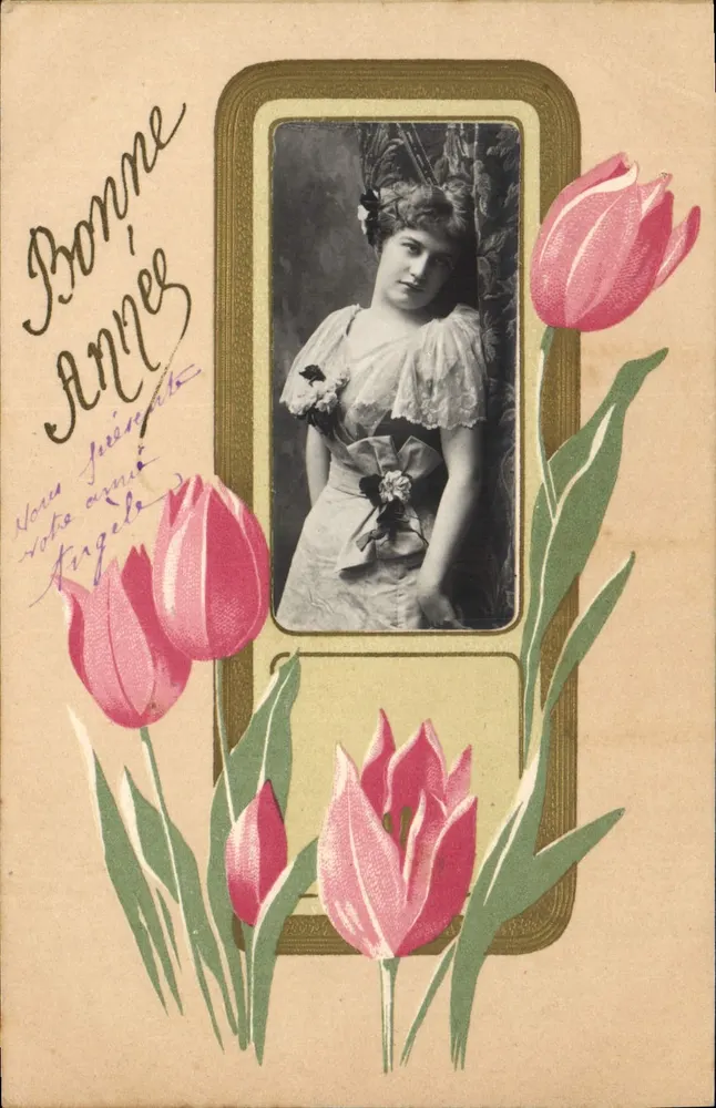 Frau in einem Rüschenkleid — rosa Tulpen — Verlag Angeléo, Nr. 2 - Vorderseite