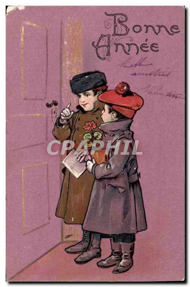 Zwei Kinder vor einer Tür — Frohes Neues Jahr — Verlag Valentin, Serie 8 - Vorderseite