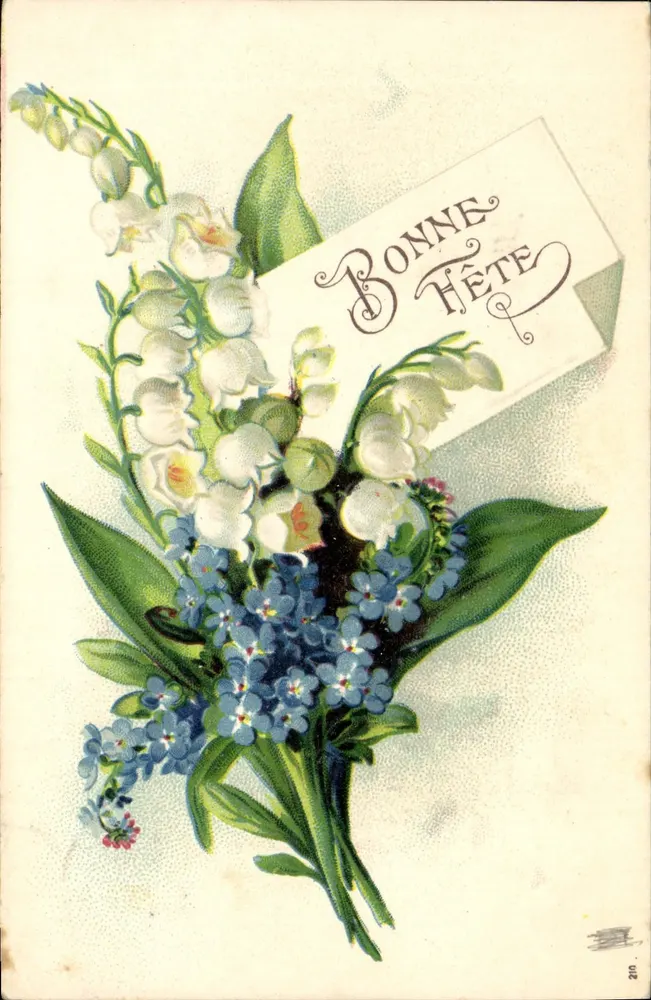 Büschel von Mohnblumen und Vergissmeinnicht — Frohe Geburtstagskarte — unbekannter Verlag, Nr. 210 - Vorderseite