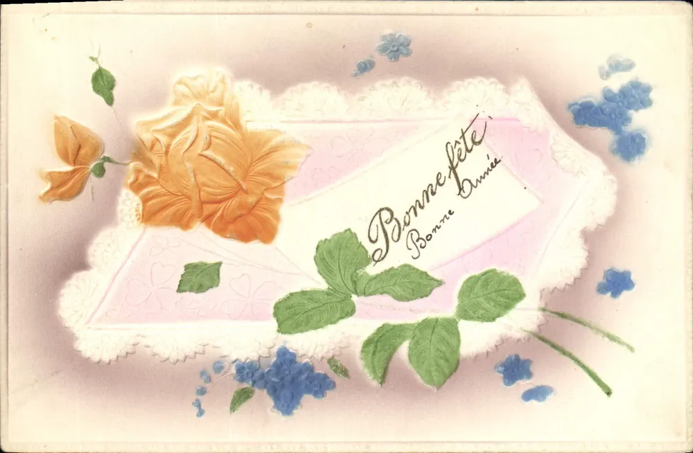 Flor de rosa e de buganvílias — Boa festa, Boa Ano — Made in Germany - Frente