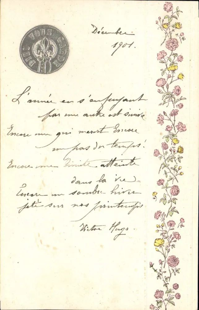 Carta postal decorativa — poema de Victor Hugo — editor Dirc Voïs Card, número de série não visível - Frente