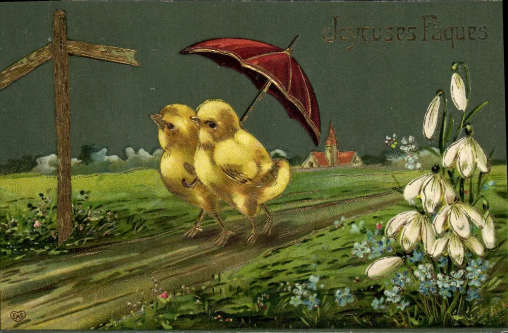 Zwei Küken unter einem Regenschirm — Frohe Ostern — unbekannter Verleger - Vorderseite