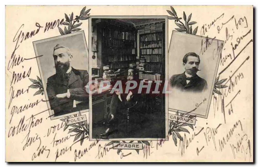 Trzech mężczyzn w bibliotece — J. Fabre, wydawca — Stara pocztówka nr 15 - Awers