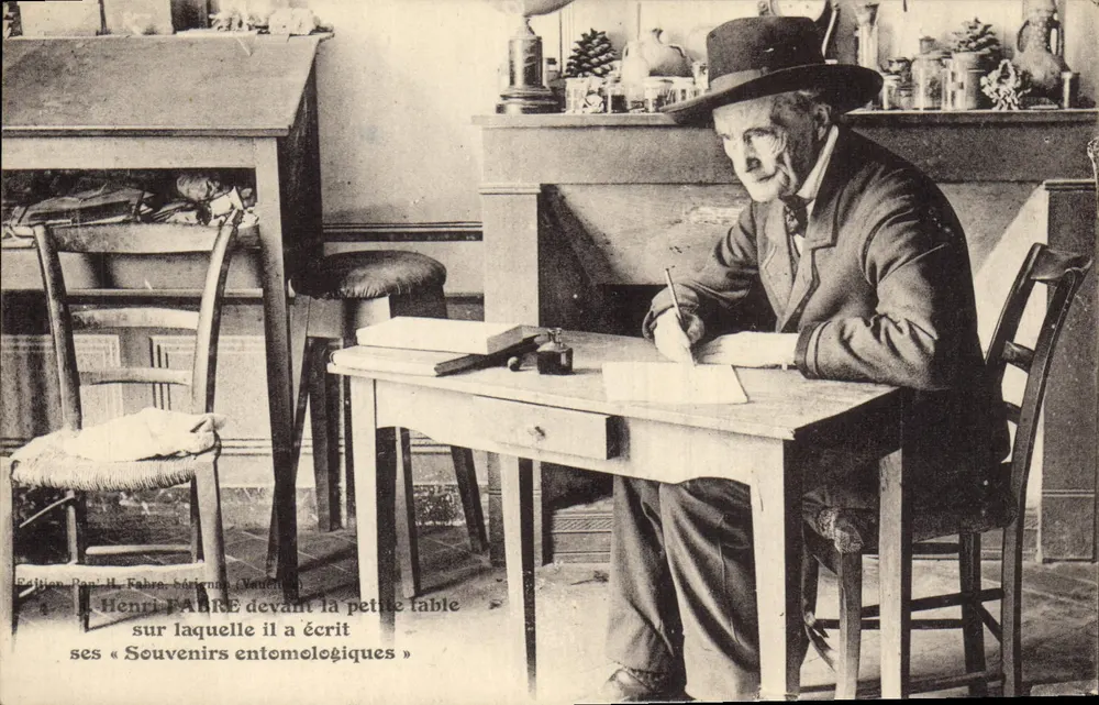Henri FAUVE diante da pequena mesa sobre a qual ele escreveu seus «Souvenirs entomologiques» — Edição René H. Fahra, Sceignan (Vaucluse) - Frente
