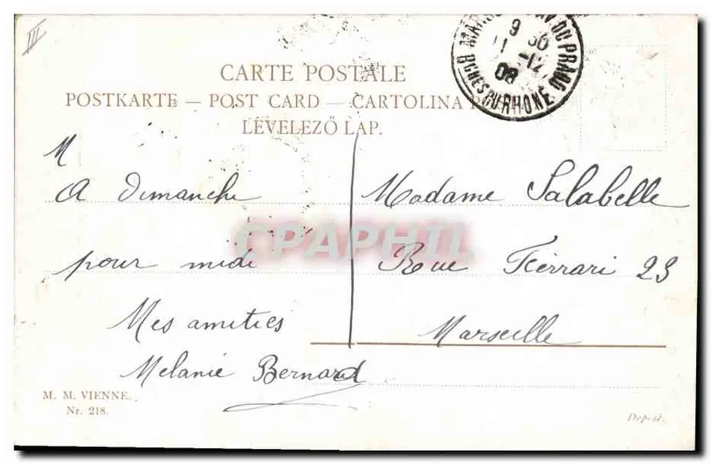 Cena equina — cavaleiro e cocheiro perto de uma estrebaria — M. M. Vienne, n° 218 - Verso