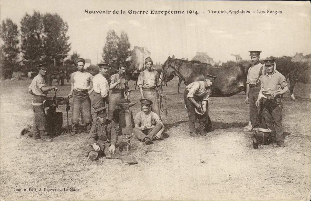 Englische Truppen - Die Schmieden — Erinnerung an den europäischen Krieg 1914 — Impr. und Edit. J. Pouveret, Le Mans - Vorderseite