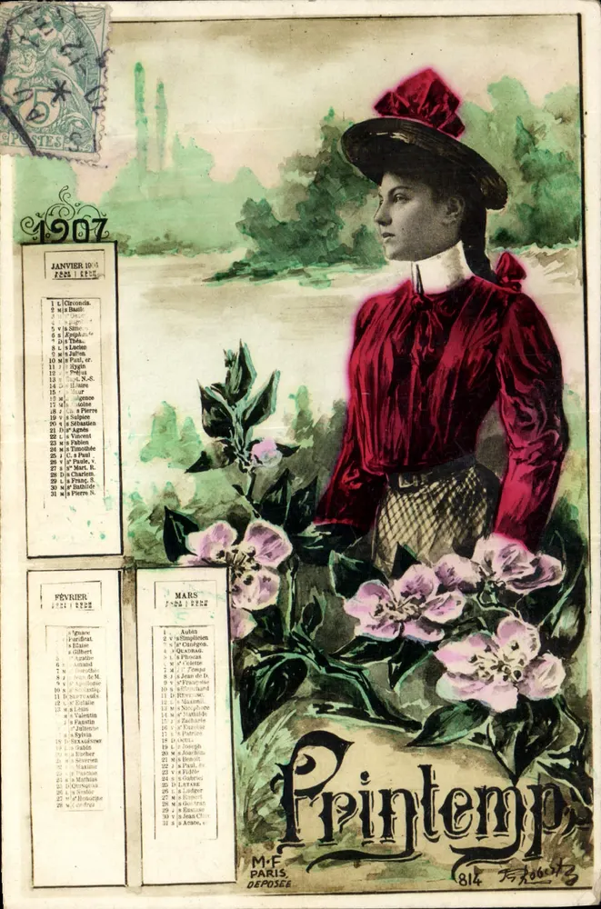 Mulher em vestido vermelho e chapéu — Primavera 1907 — M.F. PARIS, n°814 - Frente